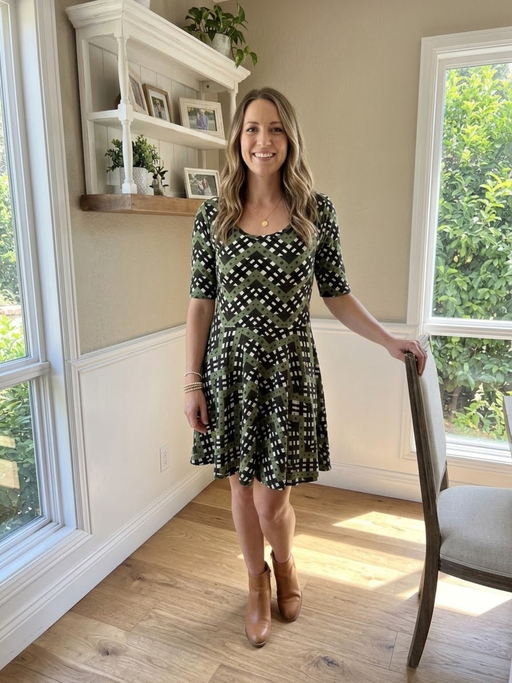 LuLaRoe Nicole Dress Olive Green Geometric Chevron Skater Dress XXL